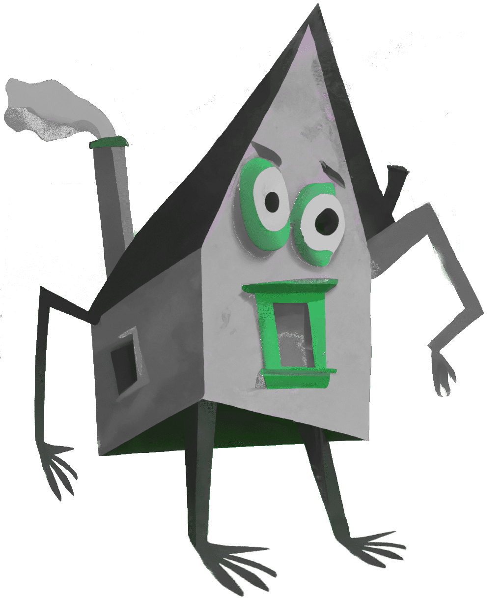 Et hus med arme, ben og ansigt trækker vejret dybt, tegning i sort og hvid med enkelte grønne elementer